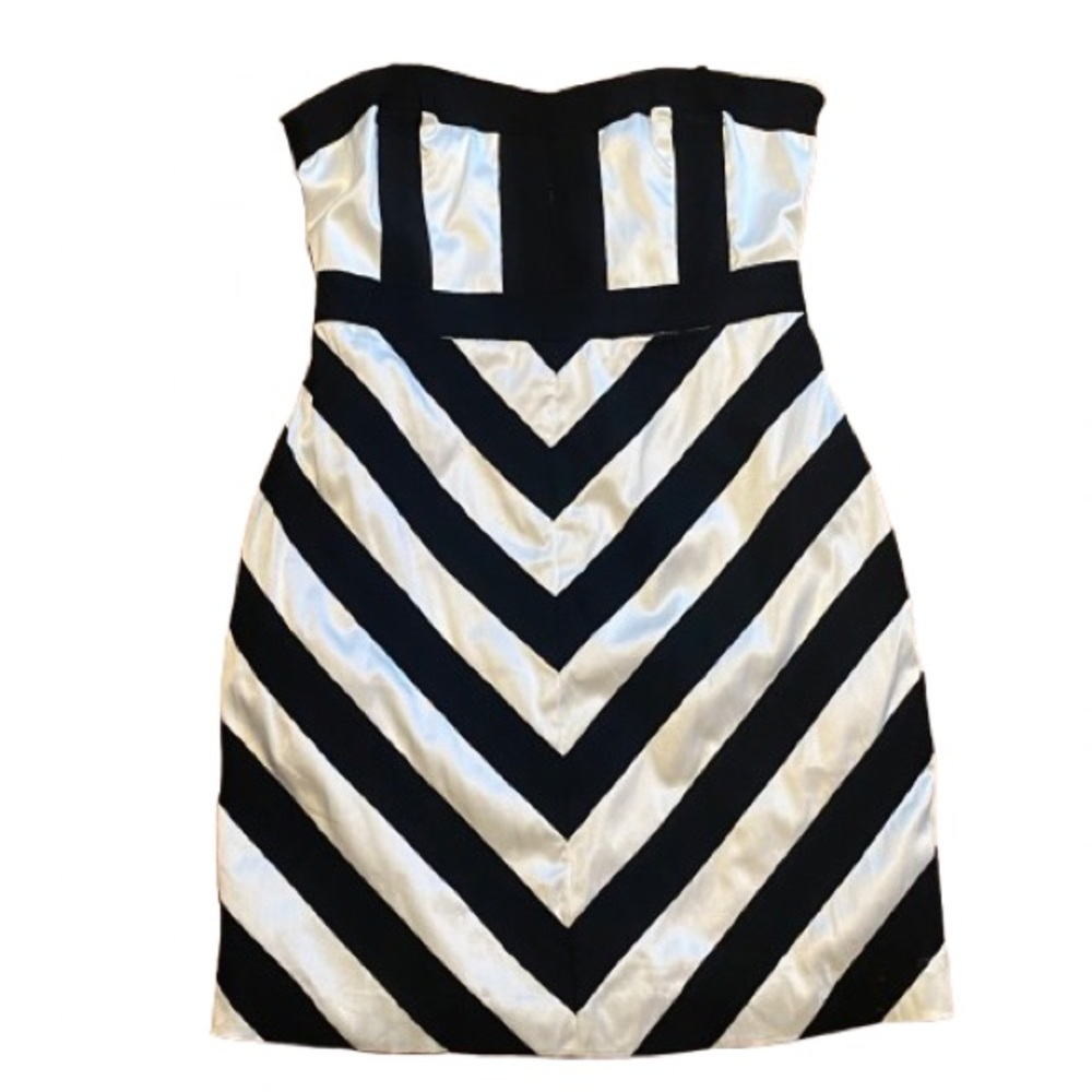 MM Couture Black and White Stripped Strapless Mini Party Dress Size Medium